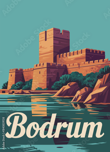 Bodrum Castle retro poster, showcasing the iconic Turkish fortress, seaside resort atmosphere, and classic Mediterranean colors, created as a vintage touristic postcard  illustration