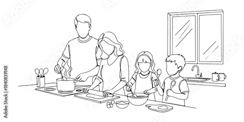Continuous one line of a family cooking together in the kitchen, symbolizing collaboration, happiness, and homemade traditions, hand drawn vector illustration.