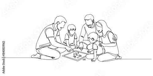 Continuous one line of a family sitting in a circle playing a board game, representing fun, laughter, and bonding moments, hand drawn vector illustration.