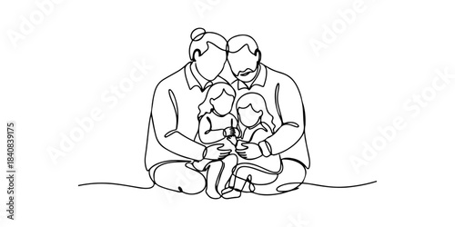 Continuous one line of a grandparent with grandchildren, symbolizing heritage, love, and generational connection, hand drawn vector illustration.