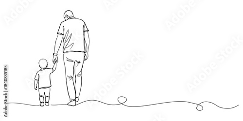 Continuous one line of a parent holding a child's hand while walking, symbolizing protection, tenderness, and trust, hand drawn vector illustration.