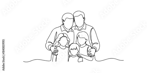 Continuous one line of a family taking a group photo together, representing memories, unity, and happy moments, hand drawn vector illustration.Continuous one line of a family taking a group photo toge