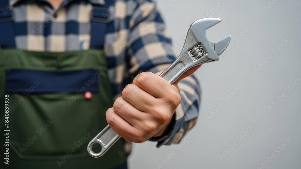 custom made wallpaper toronto digitalProfessional technician in workwear gripping a metallic adjustable wrench, ready for maintenance or repair work.