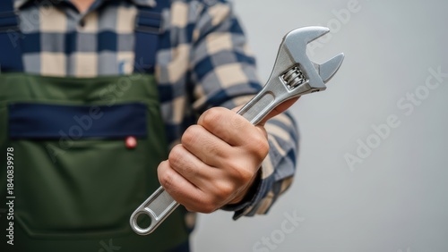 Wallpaper Mural Professional technician in workwear gripping a metallic adjustable wrench, ready for maintenance or repair work. Torontodigital.ca