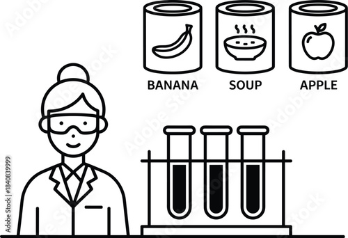 Scientist, laboratory, food testing, banana, soup, apple, nutrition analysis, safety goggles, lab coat, test tubes, experiment, research, science, chemistry, food science, nutrition, lab equipment