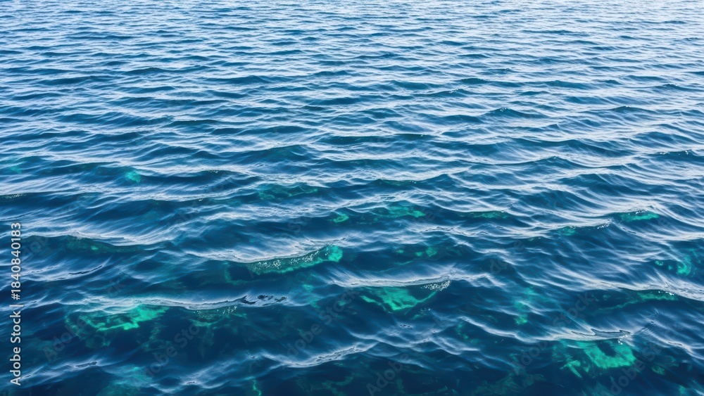 Obraz premium A pristine, realistic photographic close-up of a vast expanse of deep blue water with continuous gentle ripples and clear seabed visibility.