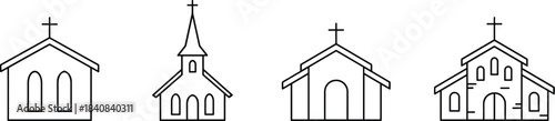 Minimal church building icons, Christian chapel architecture line art, religious faith symbols, cathedral silhouettes, simple vector illustration set collection design