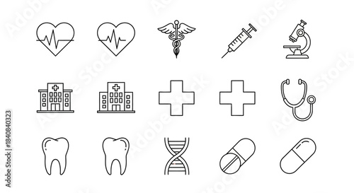 Collection of outline medical and healthcare icons including heart, caduceus, syringe, microscope, hospital, cross, stethoscope, tooth, DNA, and pills.