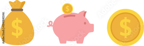 Money savings concept illustration, financial icons set, piggy bank, gold coin, cash bag, investment growth, wealth management, economy design