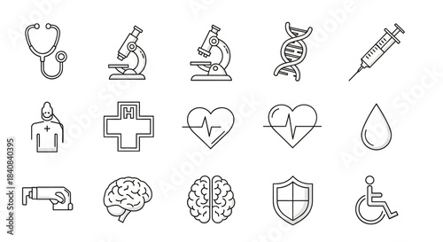 A collection of medical and scientific line icons including a stethoscope, microscopes, DNA, syringe, hazmat suit, medical cross, hearts, blood drop, pill, brains, shield, and wheelchair.