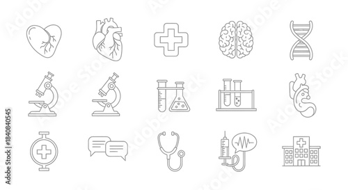 A comprehensive collection of medical, healthcare, and scientific line art icons for various applications.
