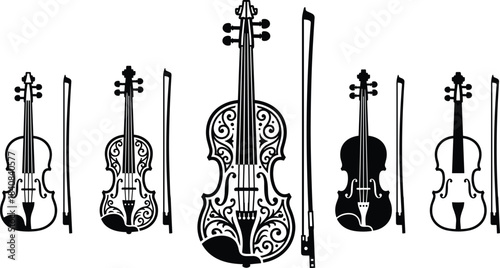Violin collection, classical instruments, black and white, artistic music illustration, vintage string ensemble, decorative bows, symmetrical layout, stylized design