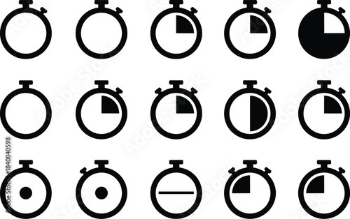 Stopwatch icon set, time tracking symbols, countdown timer graphics, progress clock collection, minimalist black stopwatch illustrations, vector style