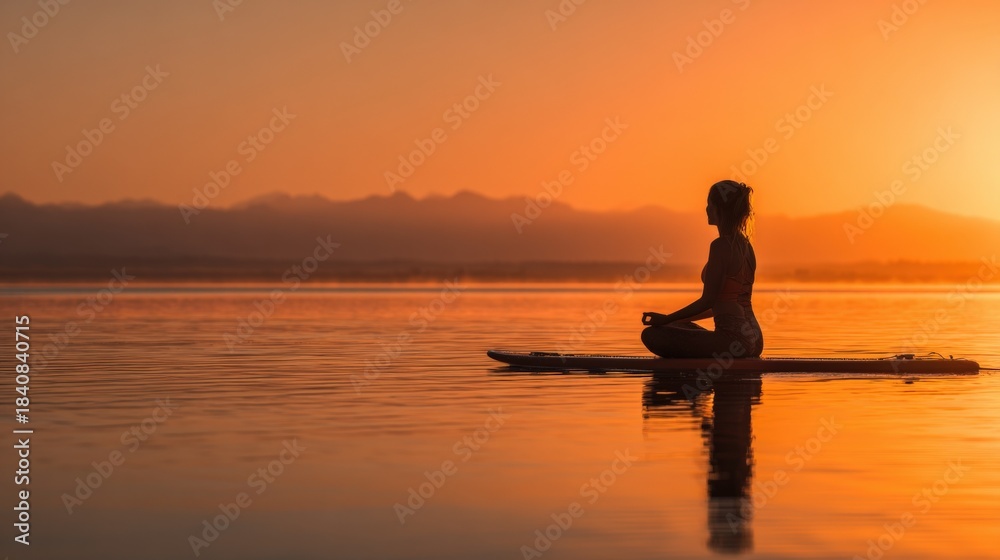 Fototapeta premium Silhouette of Woman Meditating on Paddle Board at Sunset, Embracing Serenity and Balance