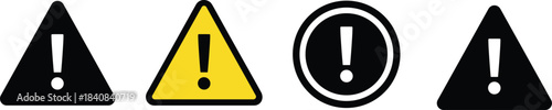 Warning icons set, exclamation mark symbols, alert signs collection, black yellow caution shapes, safety notification graphic design for digital use