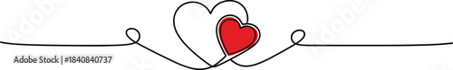 Elegant continuous line drawing of two intertwined hearts, one vibrant red and the other gracefully outlined, symbolizing deep affection, romantic connection, and enduring unity