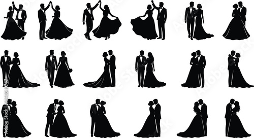 Wedding couple silhouette, romantic pose, formal attire, bride and groom, elegant dress, tuxedo, love moment, dance, embrace, ceremony