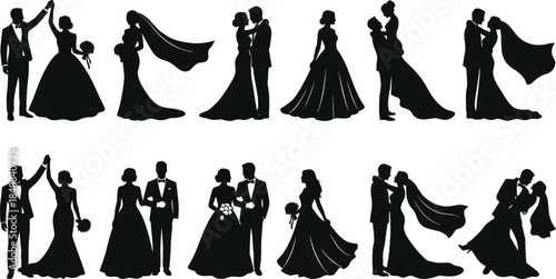 Wedding couple silhouette, romantic pose, bride groom illustration, black vector art, dancing embrace, love moment, marriage design, graphic elementWedding couple silhouette