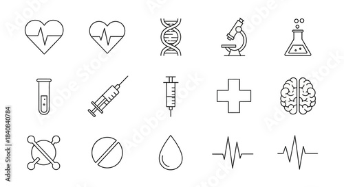Medical and scientific line icons set, including heartbeat, DNA, microscope, syringe, and brain symbols, representing health and research.