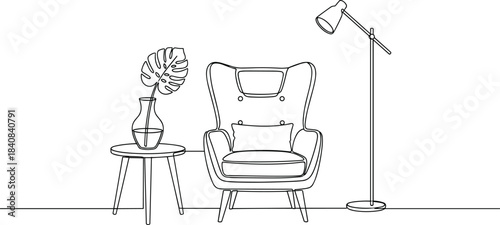 Minimalist line art drawing of a cozy modern interior, showcasing a comfortable armchair, side table with a plant, and floor lamp, ideal for home decor projects and relaxation concepts