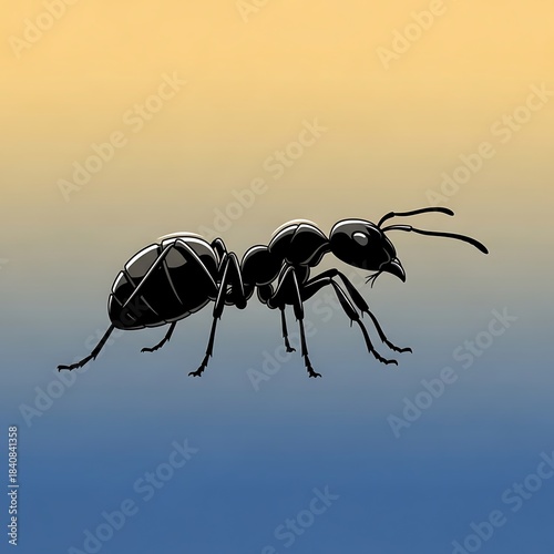 Detailed illustration of a solitary black insect standing against a soft gradient background