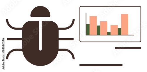 Insect shape beside bar chart screen symbolizes software debugging, data analysis, and error tracking. Ideal for programming, analytics, troubleshooting, cybersecurity, software development, IT