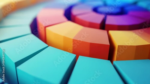 An artistic  of a vibrant digital design showcasing colorful blocks arranged in a circular pattern against a futuristic backdrop.