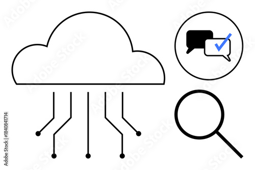 Cloud setup with data lines, speech verification check, and magnifying glass. Ideal for cloud computing, data security, AI systems, online communication, chat authentication, technology services