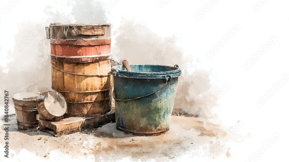 Fototapeta premium A collection of rustic, colorful buckets stacked and arranged on a surface, showcasing a weathered appearance and artistic flair.