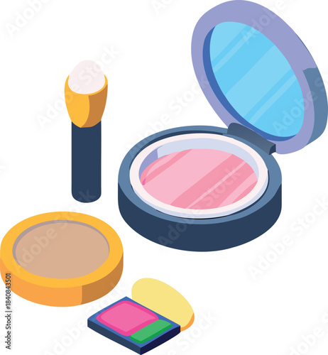 Makeup set featuring beauty cosmetics like brushes, eyeshadow palette, powder, and lipstick for a vibrant glamour face