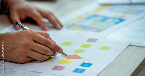 A person drawing a flowchart with a pen on a desk.