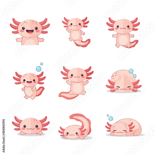 Cute Axolotl Character Icons in Various Poses for Adorable Animal and Mascot Designs