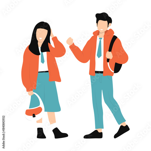 Happy young students in school uniforms with jackets and bags, walking together. Flat vector illustration of teenage friends going to school.