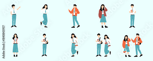 Set of diverse high school students in uniform, depicted in various poses and actions, flat vector illustration set