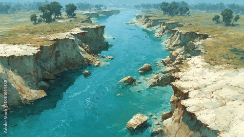 A scenic river flows between eroded cliffs, under a hazy sky