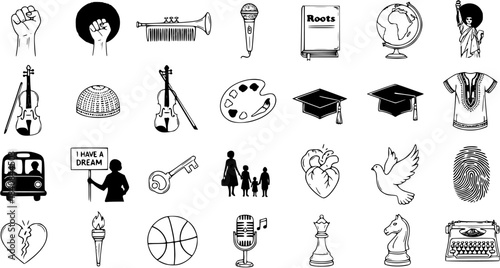Black History Month Doodle Icons Set. Line art symbols of African American heritage, culture, education, and civil rights movement.