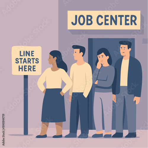 job seekers in line outside job center in stylized scene of employment search and economic uncertainty
