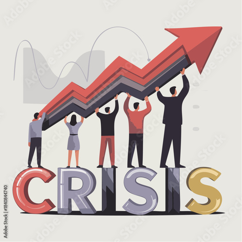 team lifting red arrows atop crisis letters in stylized scene of collective recovery and economic resilience