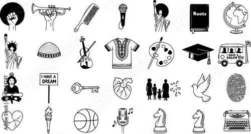 Black History Month Outline Icons Set - African American Heritage Symbols. Doodle collection featuring Civil Rights, Culture, Music, and Education elements like Fist, Roots book