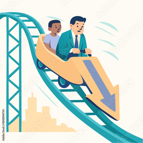 businessman and child in downward arrow roller coaster amid stylized cityscape of economic decline
