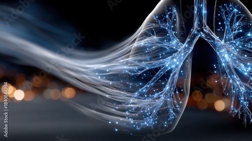 A blue and white image of a lung with a stream of smoke coming out of it