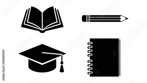 Black silhouettes of common educational and academic items including an open book, a pencil, a graduation cap, and a spiral notebook on a white background.