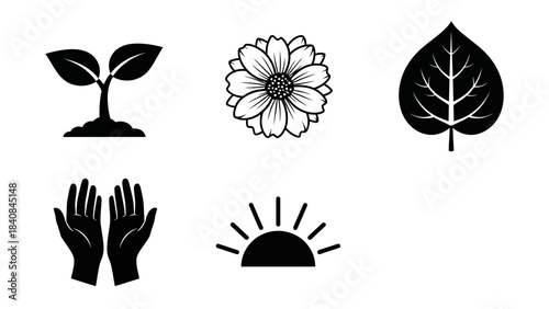 Black and white vector icons representing nature, growth, care, and the environment, including a sprout, flower, leaf, cupped hands, and a rising sun.