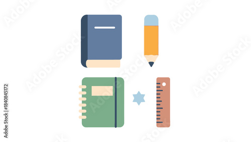 A flat lay illustration of various school and office supplies including a book, pencil, notebook, and ruler on a white background.