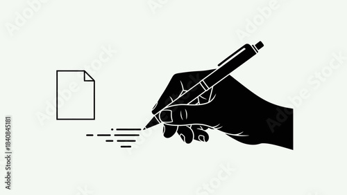 Black silhouette of a hand holding a pen writing on a document icon on a white background.