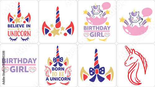 Collection of cute unicorn designs for birthday girls and magical celebrations, featuring horns, stars, and lovely characters. Perfect for kids' parties.