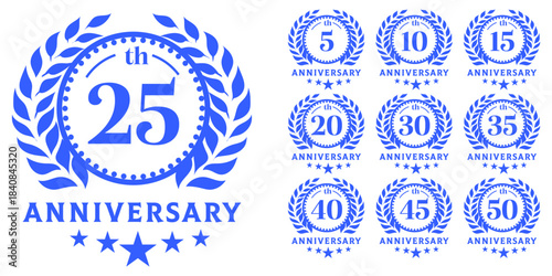 Laurel Wreath Anniversary Icons 5, 10, 15, 20, 25, 30, 35, 40, 45, 50  Vector Badges