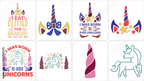 Charming unicorn graphic designs: horns, ears, stars, glitter, rainbows, and magical creatures with inspirational quotes. Perfect for children's apparel and creative projects.