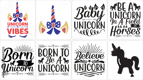 Magical Unicorn Graphic Designs Collection. Features Patriotic, Baby, Inspirational Unicorn Illustrations for T-Shirts, Apparel, and DIY Craft Projects.