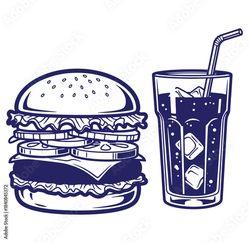 Delicious classic hamburger with a glass of fizzy soda refreshing fast food illustration